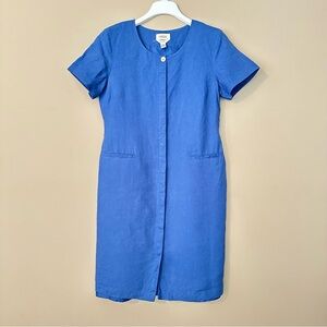 Vintage Talbots 12 Petite Irish Linen Blue Modest Dress Pockets Hidden Buttons